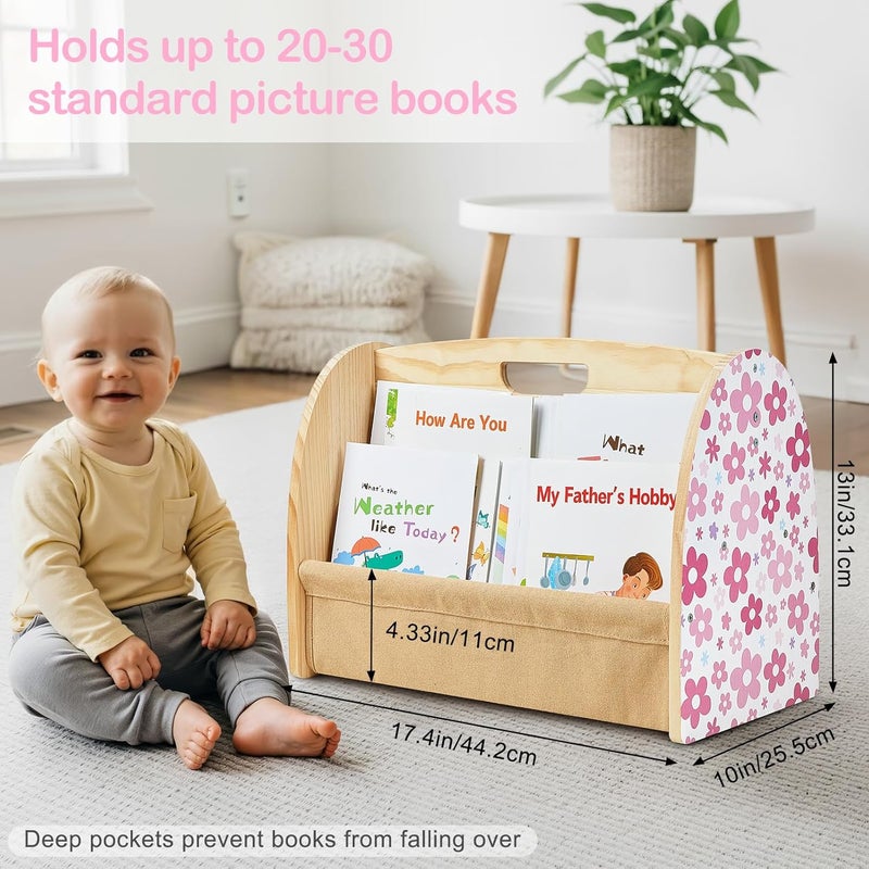 SheSeek Toddler Bookshelf Double-Sided with 4 Tier Deep Sleeves Kids Wooden Montessori Book Rack for Baby Nursery Room, Playroom, Classroom or Bedroom Bookcase Storage Organizer, Pink Flowers - Image 4